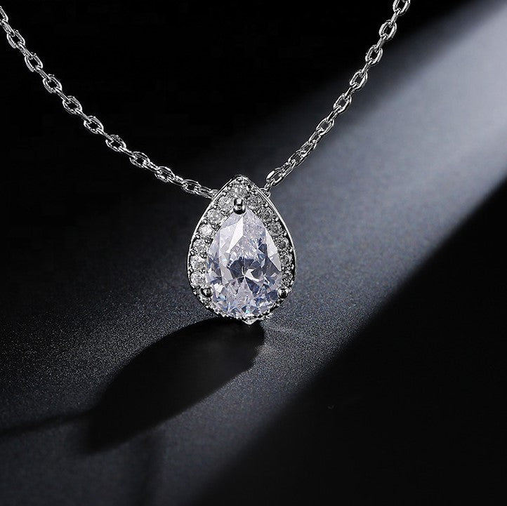 Isla Tear Drop Halo Crystal Bridal Pendant Necklace