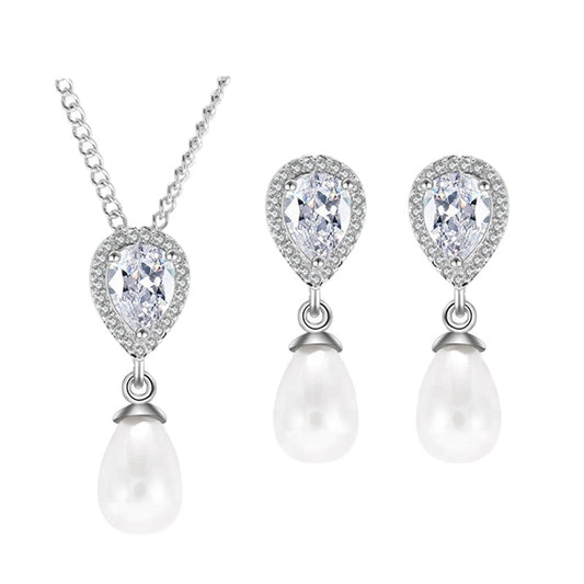 Celeste Teardrop Halo & Pear Pearl Crystal Earrings and Necklace Set