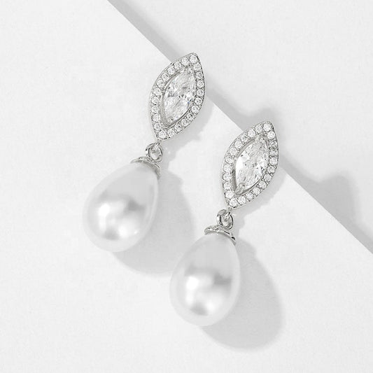 Willow Pear Pearl & Crystal Marquise Halo Bridal Earrings
