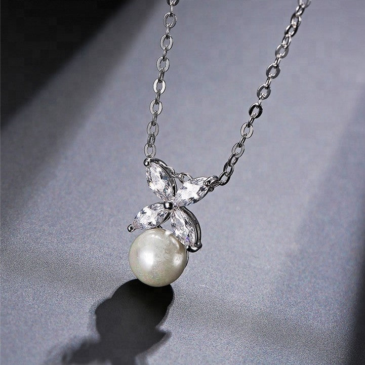 Etta Pearl & Floral Marquise Crystal Bridal Pendant Necklace