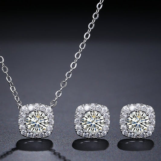 Ophelia Square Halo Crystal Earrings and Necklace Set