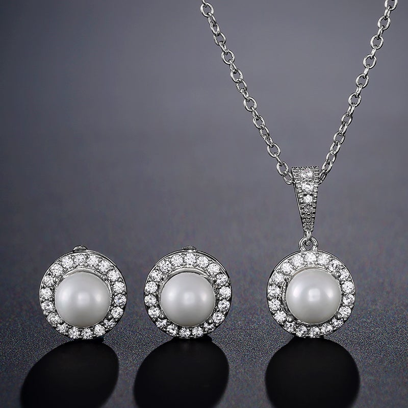 Odette Pearl & Crystal Halo Bridal Pendant Necklace