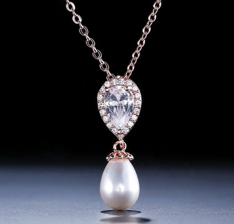 Celeste Pear Pearl & Crystal Halo Bridal Pendant Necklace