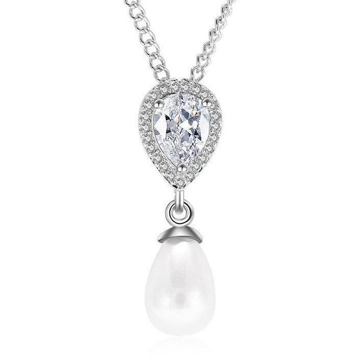 Celeste Pear Pearl & Crystal Halo Bridal Pendant Necklace