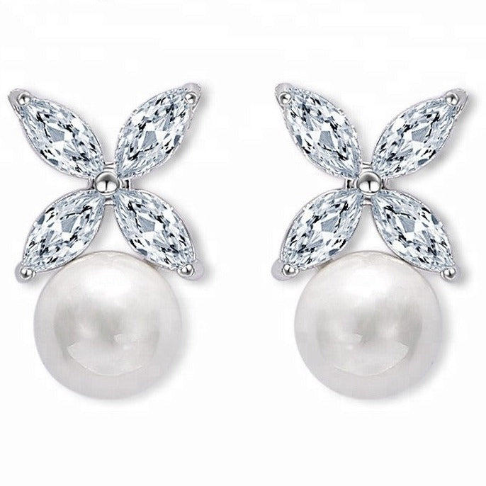 Etta Pearl & Floral Marquise Crystal Bridal Stud Earrings