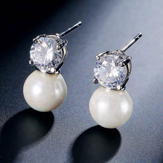 Nevya Pearl & Solitaire Shaped Crystal Bridal Stud Earrings