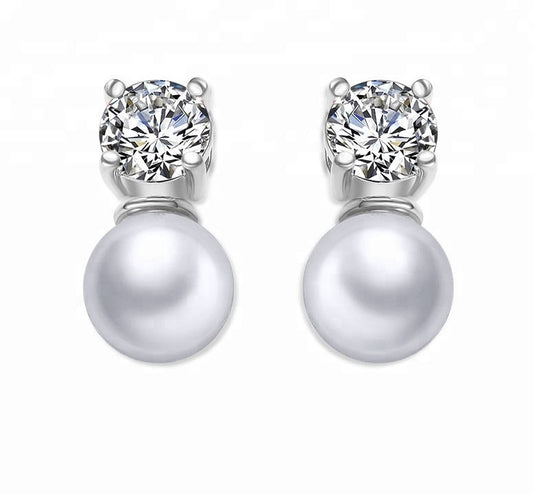 Nevya Pearl & Solitaire Shaped Crystal Stud Earrings & Pendant Necklace Set