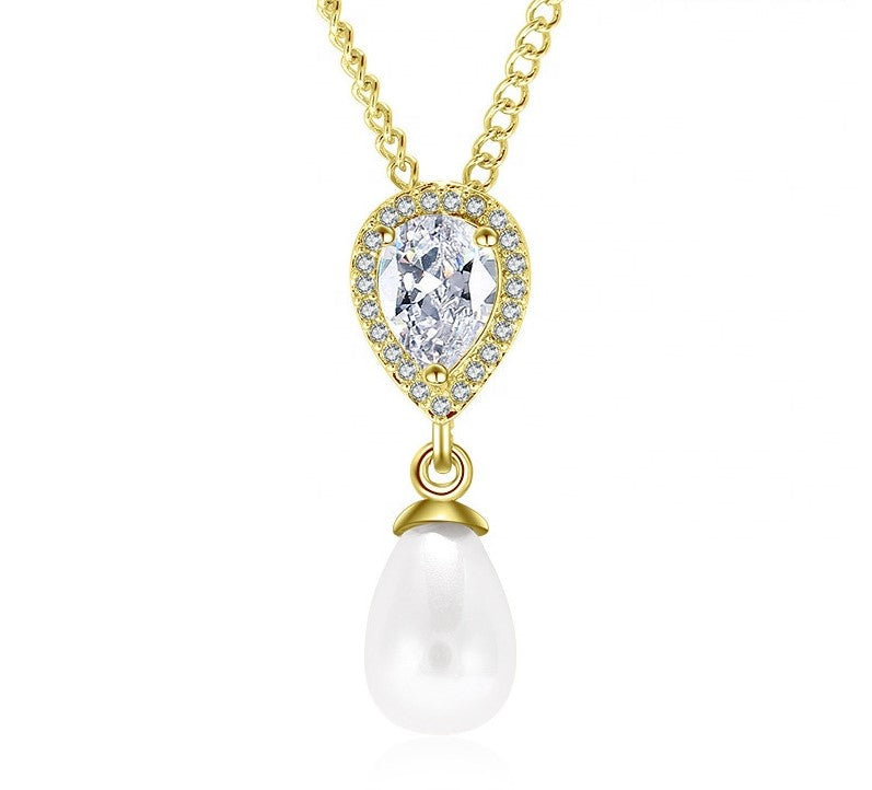 Celeste Pear Pearl & Crystal Halo Bridal Pendant Necklace