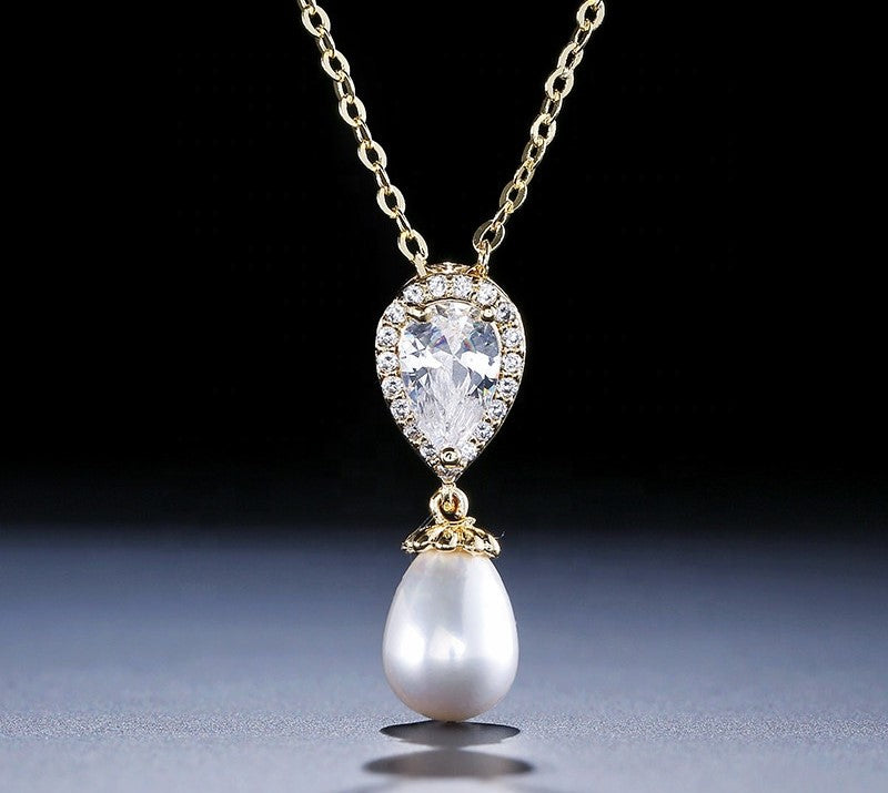 Celeste Pear Pearl & Crystal Halo Bridal Pendant Necklace