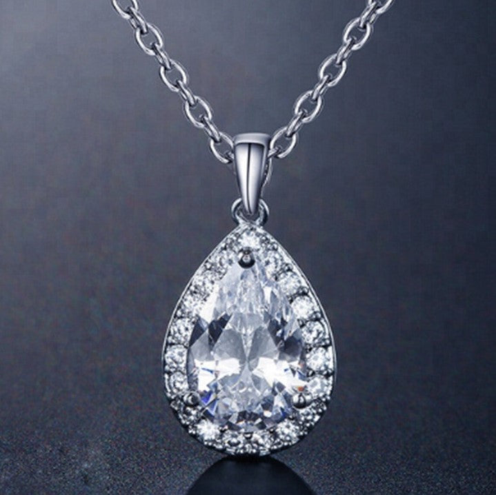 Isla Tear Drop Halo Crystal Bridal Pendant Necklace