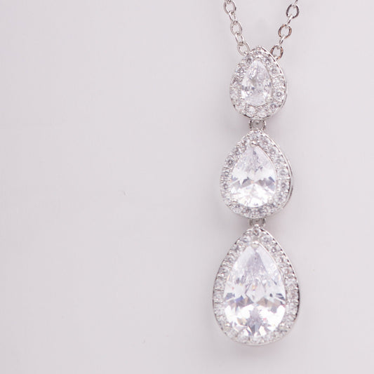 Hadley Triple Halo Teardrops Crystal Bridal Pendant Necklace