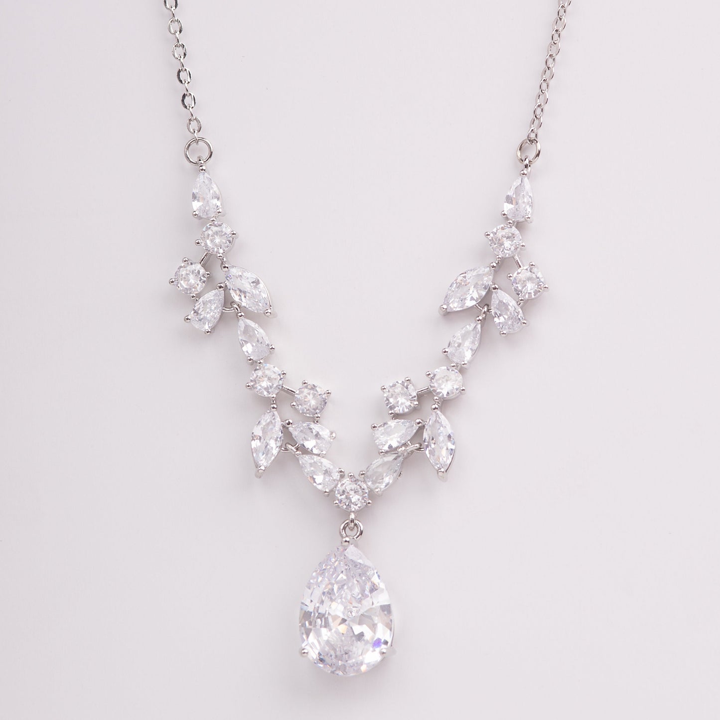 Ivy Floral Teardrop Crystal Bridal Pendant Necklace