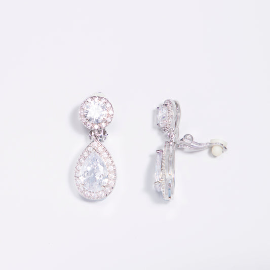 Ramona Tear Drop & Solitaire Halo Crystals Bridal Clip On Earrings