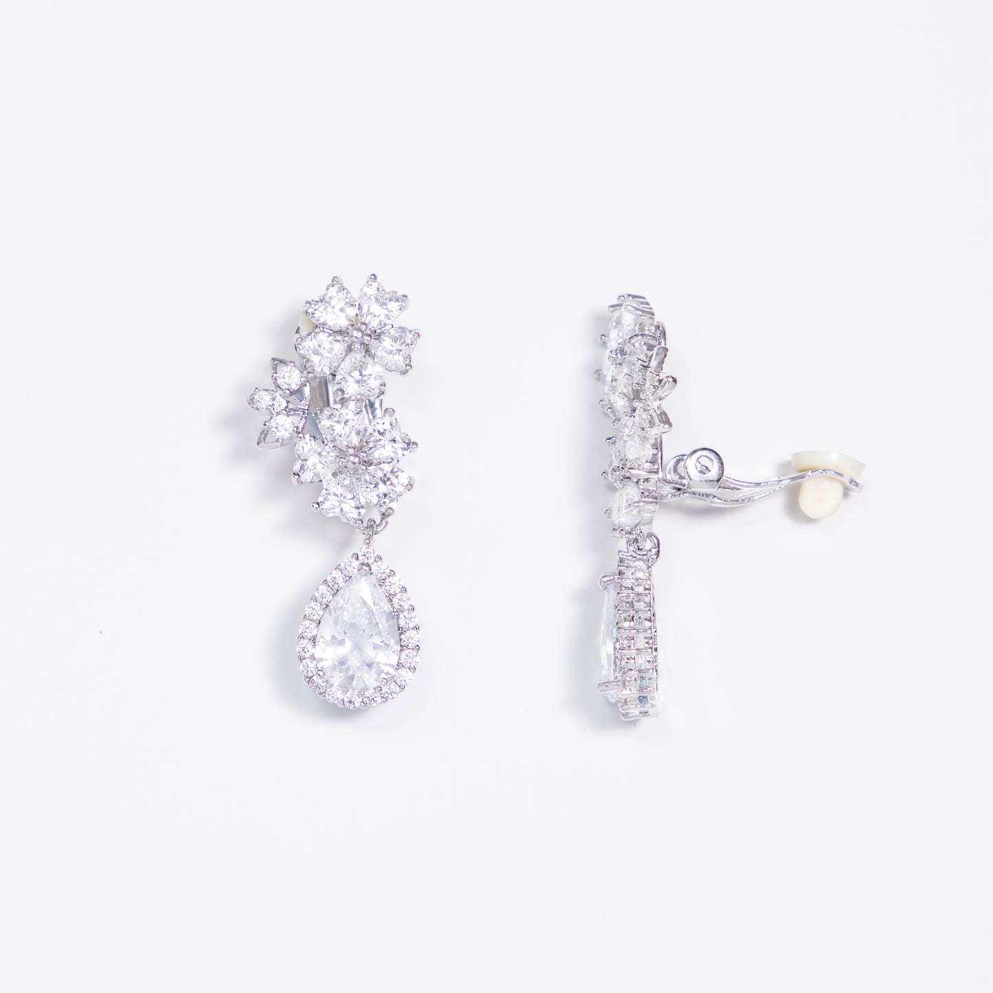 Belle Tear Drop Halo & Heart Shaped Crystals Bridal Clip On Earrings