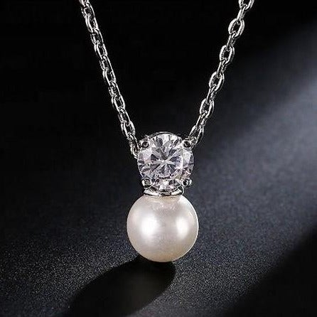 Nevya Pearl & Solitaire Crystal Bridal Pendant Necklace