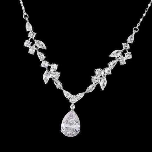 Ivy Floral Teardrop Crystal Bridal Pendant Necklace