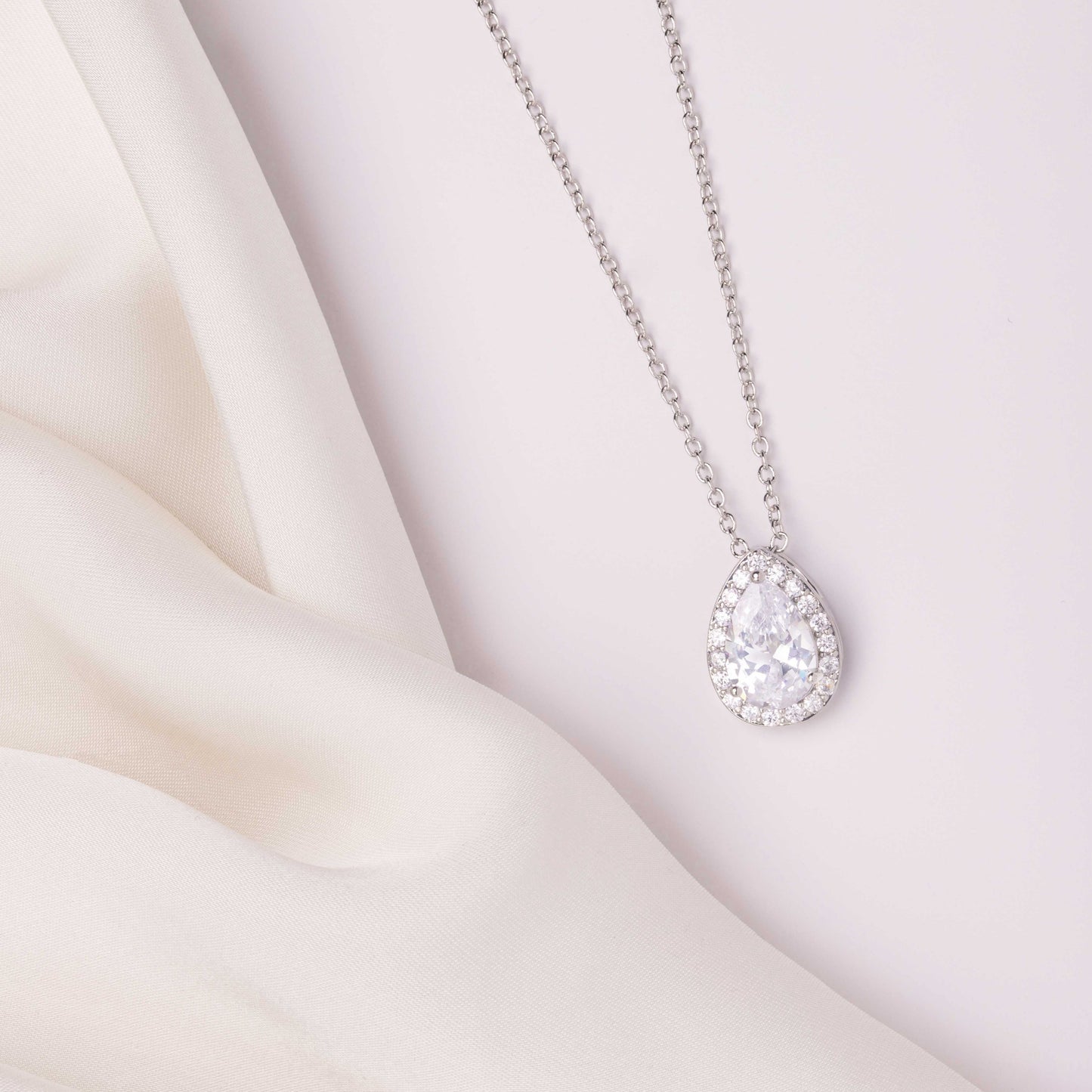 Isla Tear Drop Halo Crystal Bridal Pendant Necklace