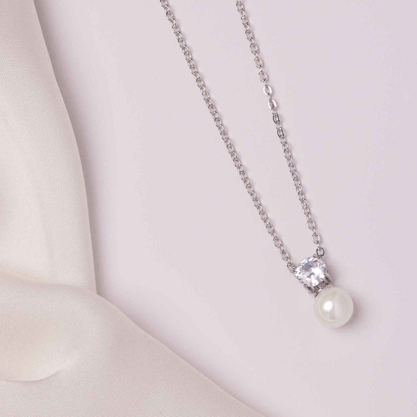 Nevya Pearl & Solitaire Crystal Bridal Pendant Necklace