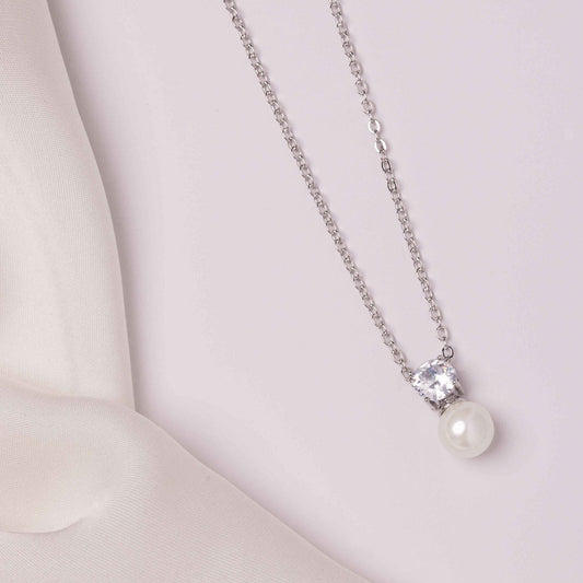 Nevya Pearl & Solitaire Crystal Bridal Pendant Necklace