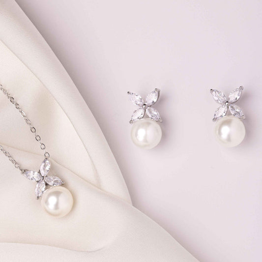 Etta Pearl & Floral Marquise Crystal Stud Earrings and Pendant Necklace Set