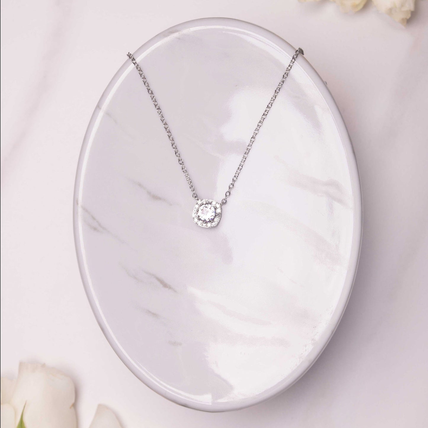 Ophelia Square Halo Crystal Bridal Pendant Necklace