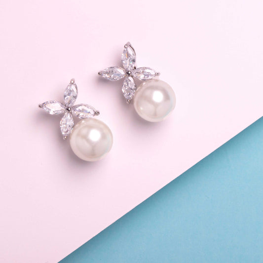 Etta Pearl & Floral Marquise Crystal Bridal Stud Earrings