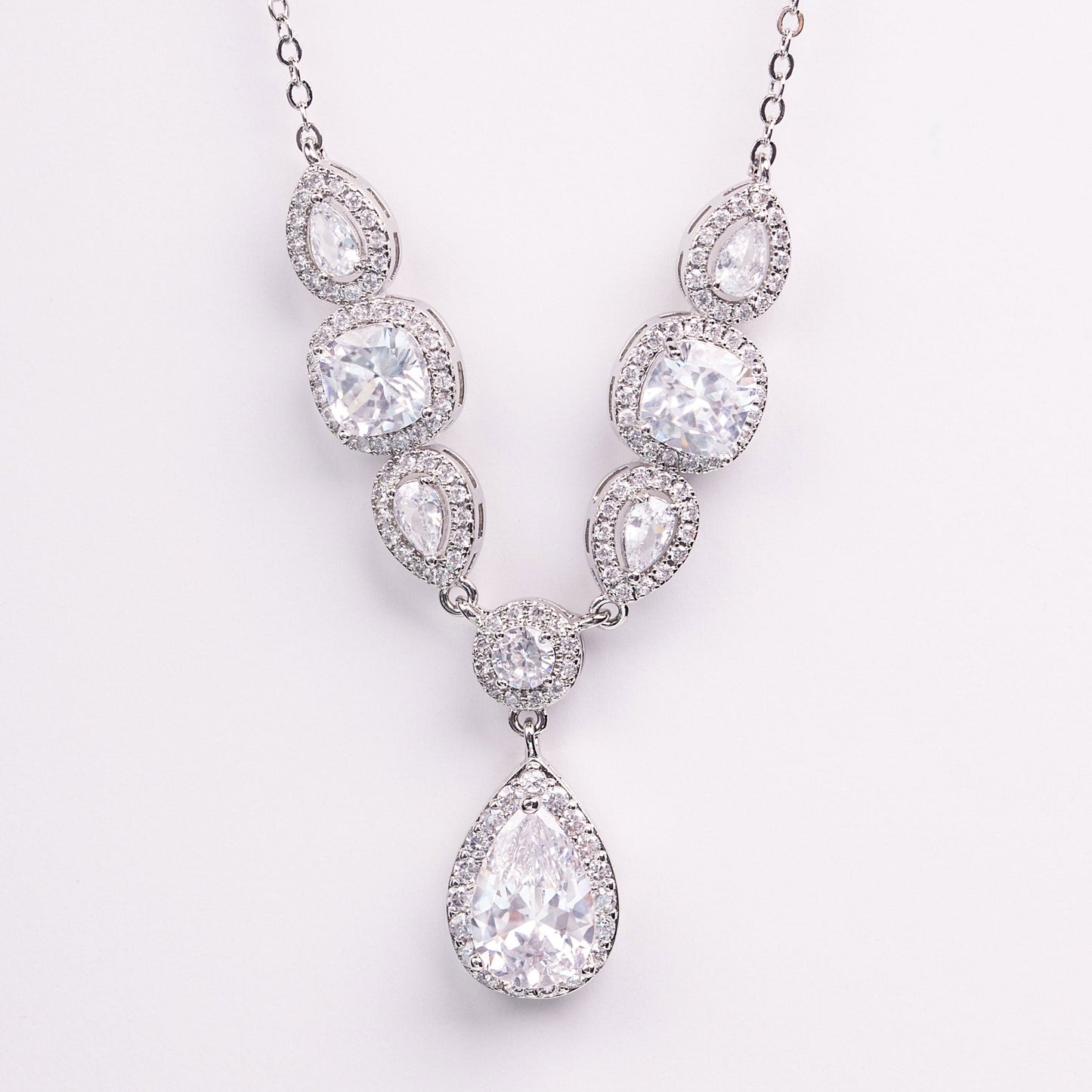Juniper Multi Stone Teardrop Halo Crystal Bridal Necklace